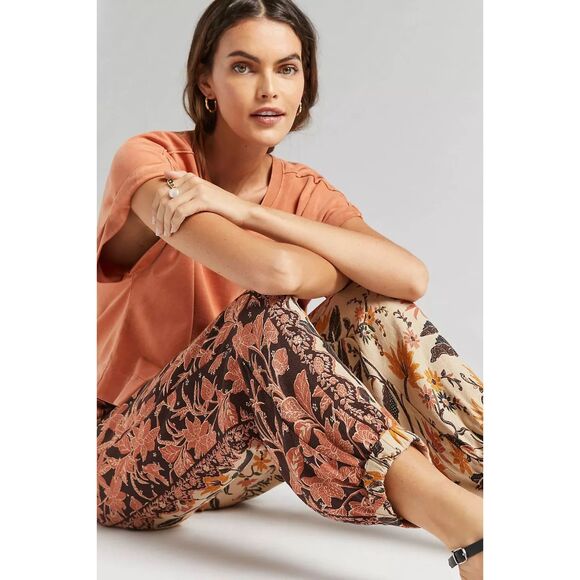 Anthropologie Smocked Balloon-Leg Pants Women's 4 Tan Floral Boho Jogger Harem - Picture 4 of 12